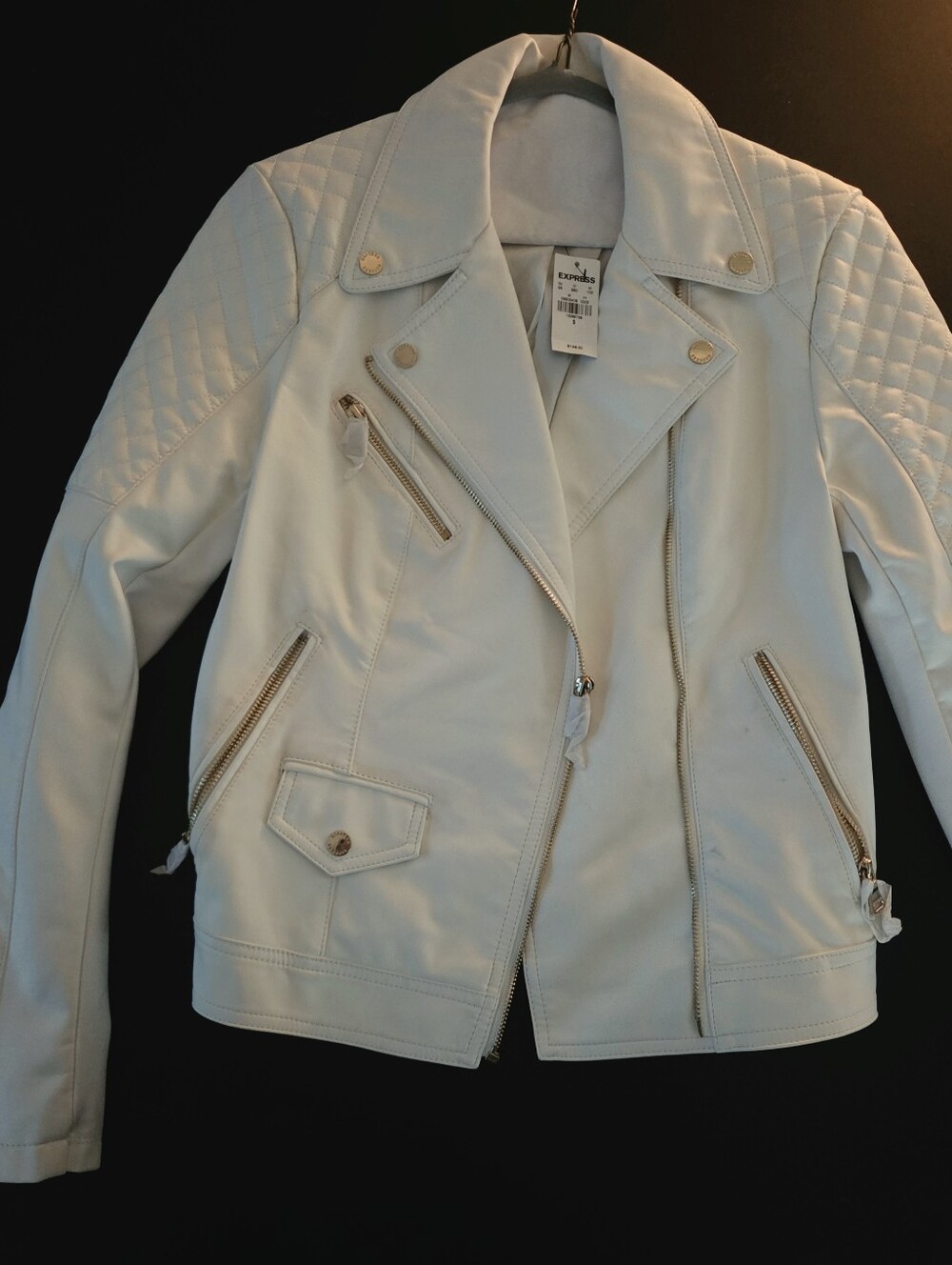 Express White Faux Leather Quilted Moto Biker Jacket Gold Zip S NWT